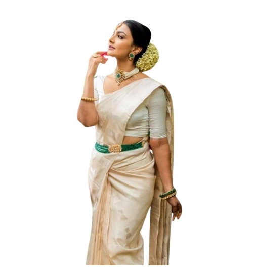 Generic Women's Silk Printed Saree With Unstitched Blouse 5.5Mtr (White)