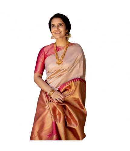 Generic Women's Silk Printed Saree With Unstitched Blouse 5.5Mtr (Cream)