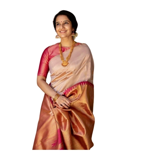 Generic Women's Silk Printed Saree With Unstitched Blouse 5.5Mtr (Cream)
