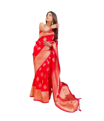 Generic Women's Silk Printed Saree With Unstitched Blouse 5.5Mtr (Red)