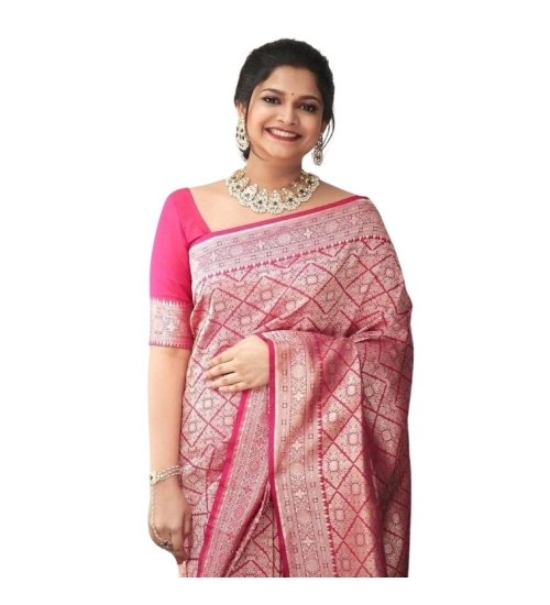 Generic Women's Silk Printed Saree With Unstitched Blouse 5.5Mtr (Pink)