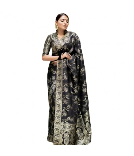 Generic Women's Silk Printed Saree With Unstitched Blouse 5.5Mtr (Black)