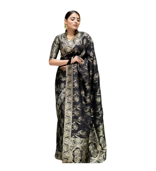 Generic Women's Silk Printed Saree With Unstitched Blouse 5.5Mtr (Black)