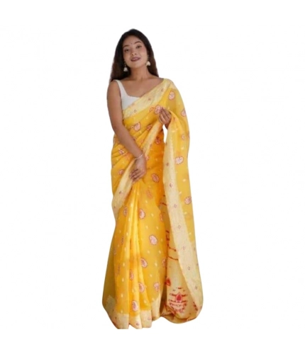 Generic Women's Cotton  Printed Saree With Unstitched Blouse 5.5Mtr (Yellow)