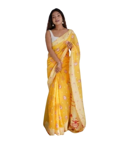 Generic Women's Cotton  Printed Saree With Unstitched Blouse 5.5Mtr (Yellow)