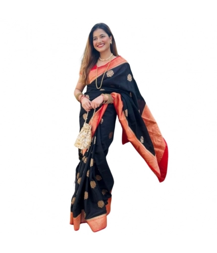 Generic Women's Silk Printed Saree With Unstitched Blouse 5.5Mtr (Black-Red)