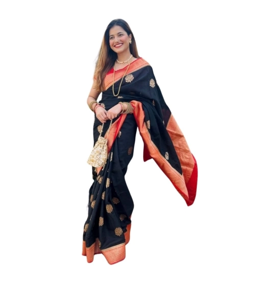 Generic Women's Silk Printed Saree With Unstitched Blouse 5.5Mtr (Black-Red)