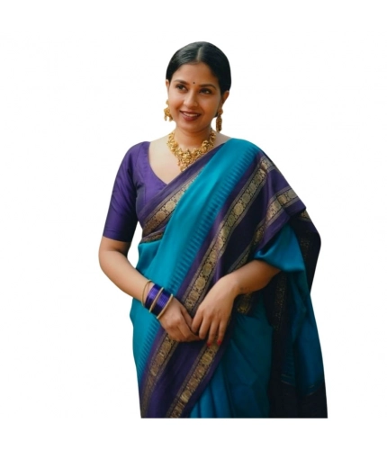 Generic Women's Silk Printed Saree With Unstitched Blouse 5.5Mtr (Blue)