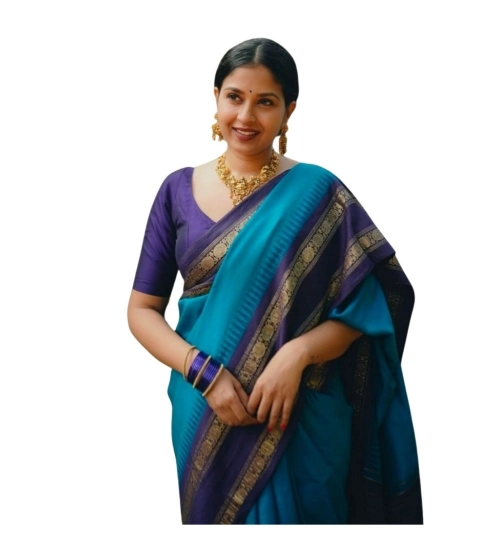 Generic Women's Silk Printed Saree With Unstitched Blouse 5.5Mtr (Blue)