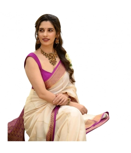 Generic Women's Silk Printed Saree With Unstitched Blouse 5.5Mtr (Off White-Pink)