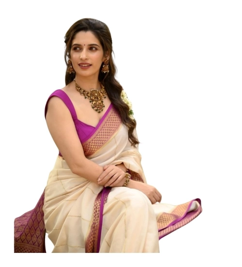 Generic Women's Silk Printed Saree With Unstitched Blouse 5.5Mtr (Off White-Pink)