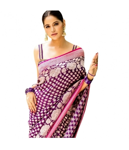 Generic Women's Silk Printed Saree With Unstitched Blouse 5.5Mtr (Purple)