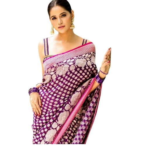 Women's Silk Printed Saree With Unstitched Blouse 5.5Mtr (Purple)