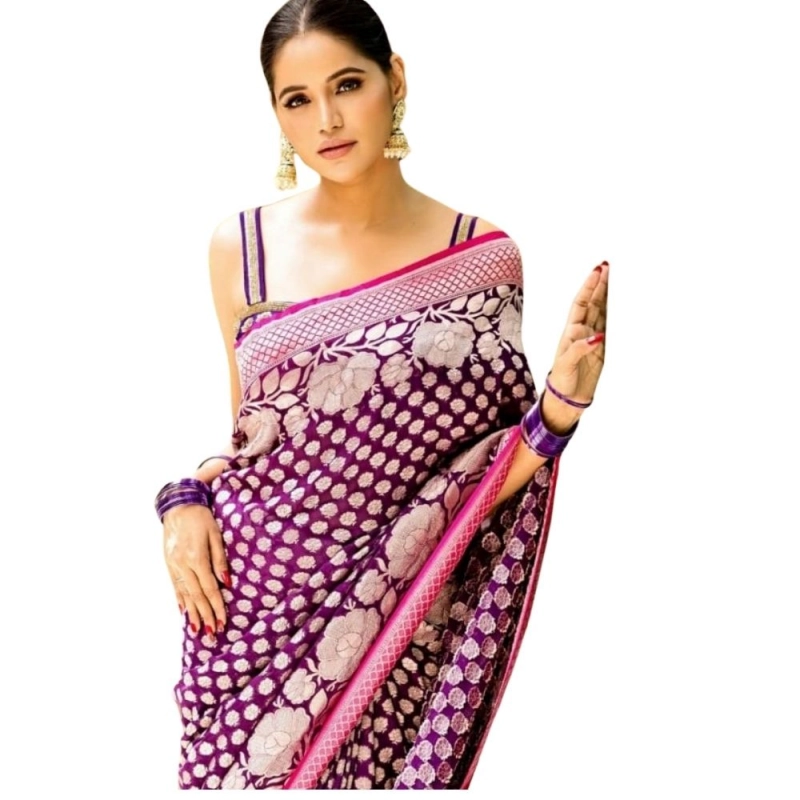 Women's Silk Printed Saree With Unstitched Blouse 5.5Mtr (Purple) Women's Silk Printed Saree With Unstitched Blouse 5.5Mtr (Purple)