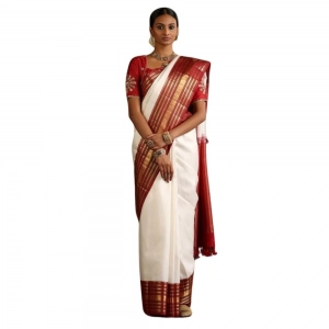 Generic Women's Silk Printed Saree With Unstitched Blouse 5.5Mtr (White-Maroon)