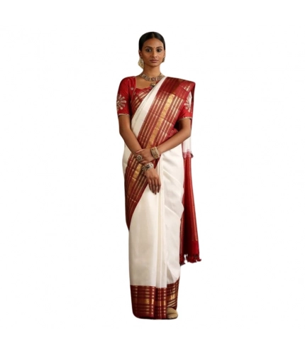 Generic Women's Silk Printed Saree With Unstitched Blouse 5.5Mtr (White-Maroon)