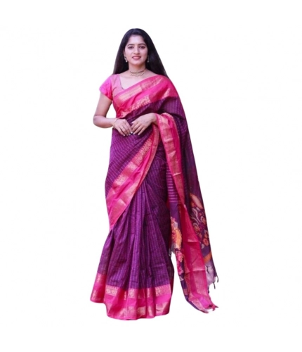 Generic Women's Silk Printed Saree With Unstitched Blouse 5.5Mtr (Purple)