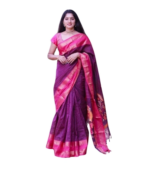Generic Women's Silk Printed Saree With Unstitched Blouse 5.5Mtr (Purple)