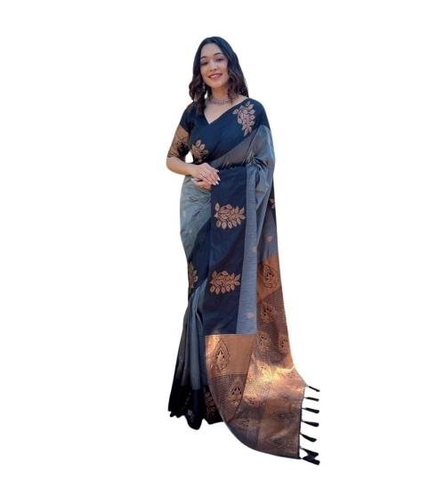Generic Women's Silk Printed Saree With Unstitched Blouse 5.5Mtr (Grey)