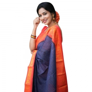 Generic Women's Silk Printed Saree With Unstitched Blouse 5.5Mtr (Blue)