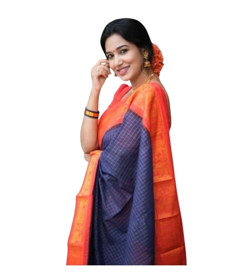 Generic Women's Silk Printed Saree With Unstitched Blouse 5.5Mtr (Blue)