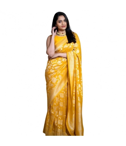 Generic Women's Silk Printed Saree With Unstitched Blouse 5.5Mtr (Yellow)