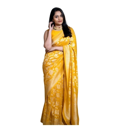 Generic Women's Silk Printed Saree With Unstitched Blouse 5.5Mtr (Yellow)