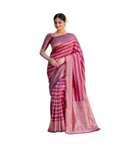 Generic Women's Silk Printed Saree With Unstitched Blouse 5.5Mtr (Pink)