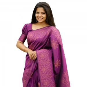 Generic Women's Silk Printed Saree With Unstitched Blouse 5.5Mtr (Purple)