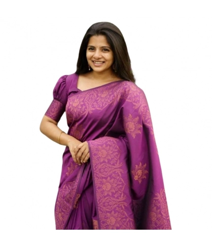 Generic Women's Silk Printed Saree With Unstitched Blouse 5.5Mtr (Purple)