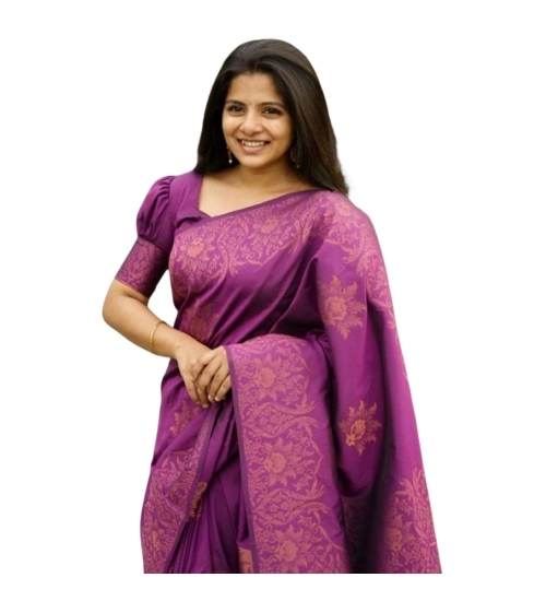 Generic Women's Silk Printed Saree With Unstitched Blouse 5.5Mtr (Purple)