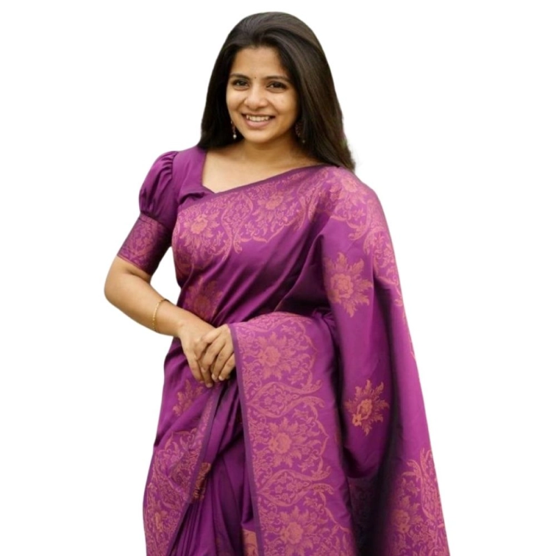 Women's Silk Printed Saree With Unstitched Blouse 5.5Mtr (Purple)