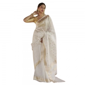 Generic Women's Cotton  Printed Saree With Unstitched Blouse 5.5Mtr (White)