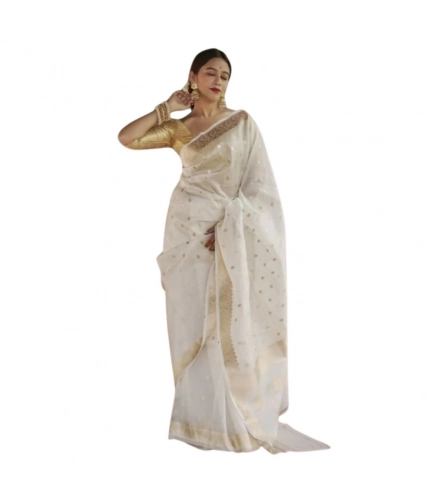 Generic Women's Cotton  Printed Saree With Unstitched Blouse 5.5Mtr (White)