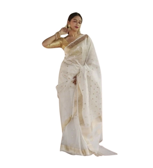 Generic Women's Cotton  Printed Saree With Unstitched Blouse 5.5Mtr (White)
