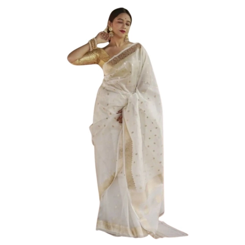 Women's Cotton Printed Saree With Unstitched Blouse 5.5Mtr (White) Women's Cotton Printed Saree With Unstitched Blouse 5.5Mtr (White)