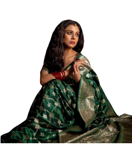 Generic Women's Silk Printed Saree With Unstitched Blouse 5.5Mtr (Dark Green)