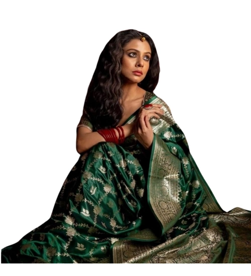 Generic Women's Silk Printed Saree With Unstitched Blouse 5.5Mtr (Dark Green)