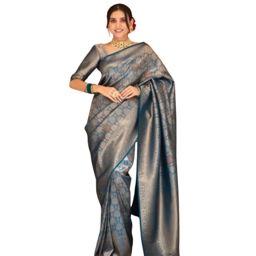 Women's Silk Printed Saree With Unstitched Blouse 5.5Mtr (Rama)