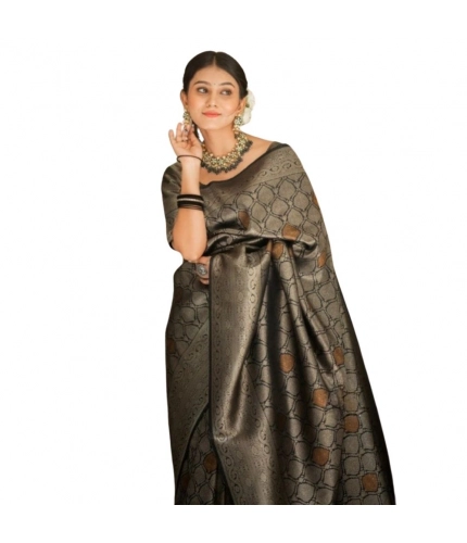 Generic Women's Silk Printed Saree With Unstitched Blouse 5.5Mtr (Black)