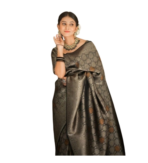 Generic Women's Silk Printed Saree With Unstitched Blouse 5.5Mtr (Black)