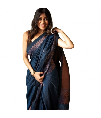 Generic Women's Silk Printed Saree With Unstitched Blouse 5.5Mtr (Navy Blue)