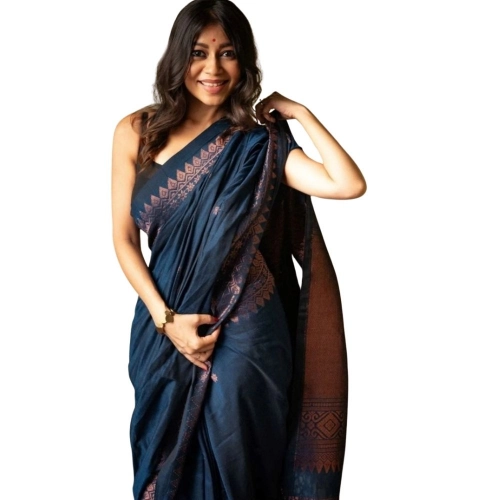 Women's Silk Printed Saree With Unstitched Blouse 5.5Mtr (Navy Blue)
