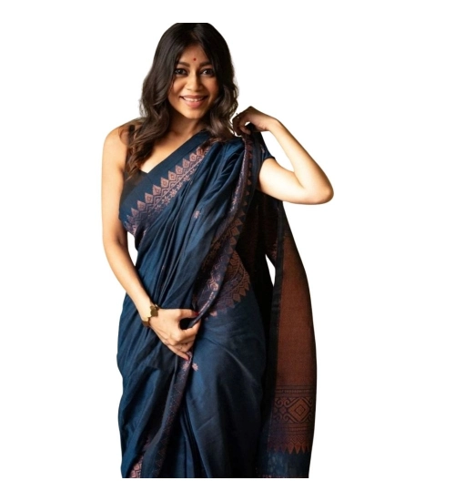 Generic Women's Silk Printed Saree With Unstitched Blouse 5.5Mtr (Navy Blue)