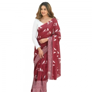 Generic Women's Silk Printed Saree With Unstitched Blouse 5.5Mtr (Maroon)