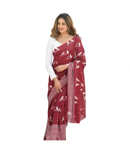Generic Women's Silk Printed Saree With Unstitched Blouse 5.5Mtr (Maroon)