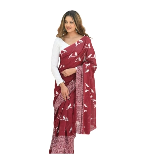 Generic Women's Silk Printed Saree With Unstitched Blouse 5.5Mtr (Maroon)