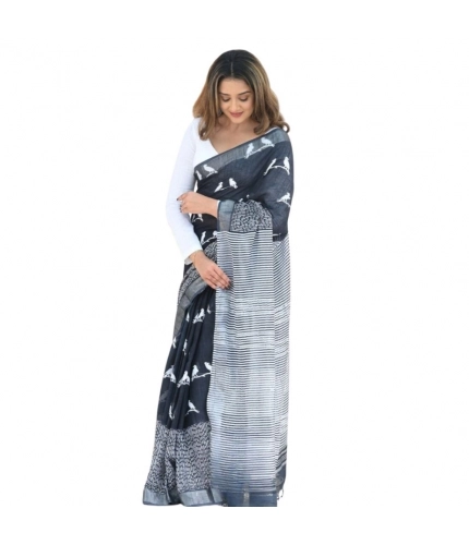 Generic Women's Silk Printed Saree With Unstitched Blouse 5.5Mtr (Black)