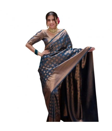Generic Women's Silk Printed Saree With Unstitched Blouse 5.5Mtr (Blue)