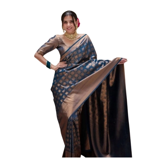 Generic Women's Silk Printed Saree With Unstitched Blouse 5.5Mtr (Blue)
